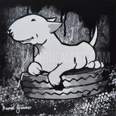 Weißer Bullterrier auf Autoreifen - Gemälde (40x40cm, , ) - GruemArt