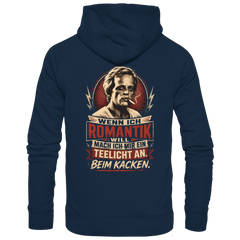 Wenn ich Romantik will, mach ich mir ein Teelicht an - beim Kacken - Bio Unisex Hoodie - Hoodie (French Navy, XS, ) - GruemArt