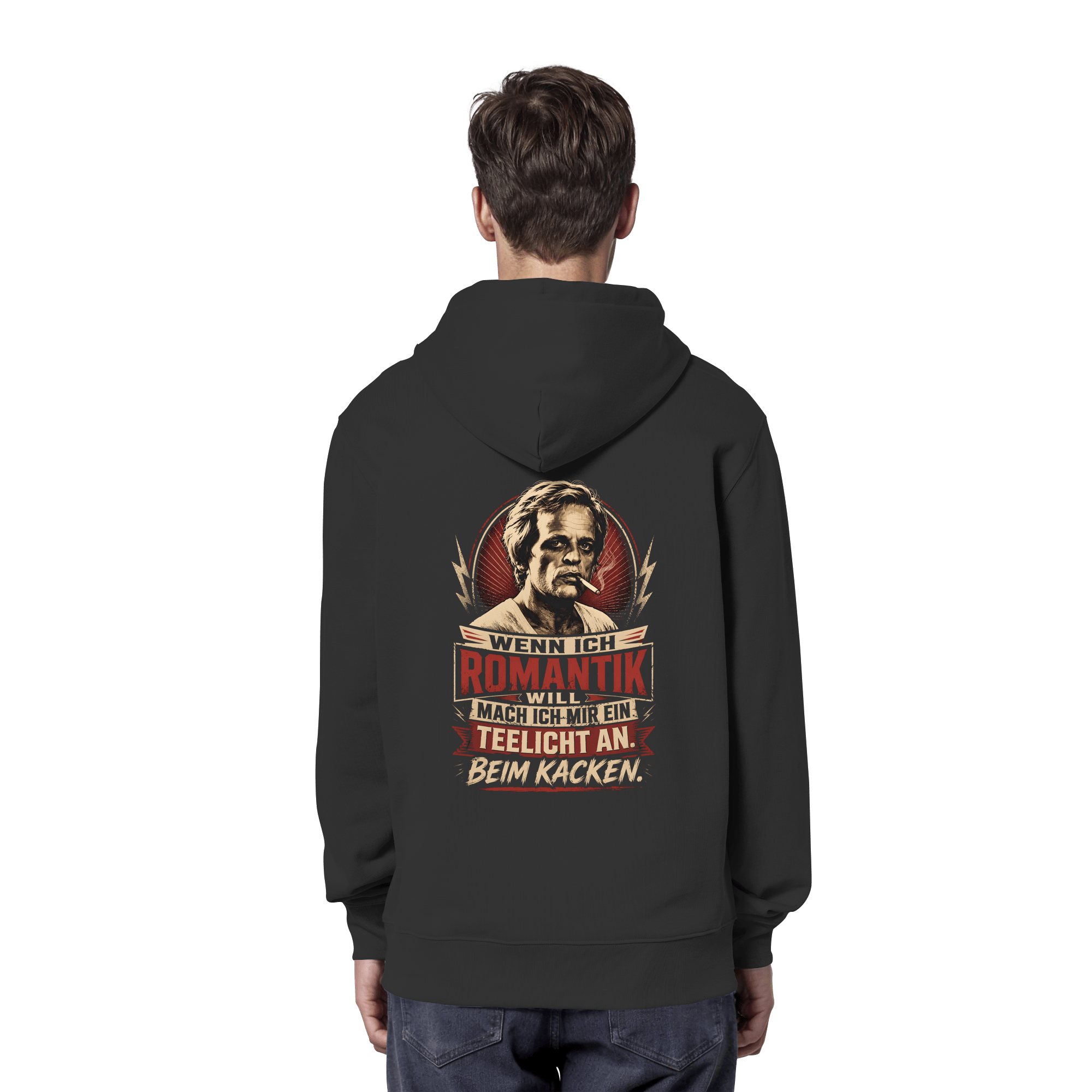 Wenn ich Romantik will, mach ich mir ein Teelicht an - beim Kacken - Bio Unisex Hoodie - Hoodie (Black, XS, ) - GruemArt