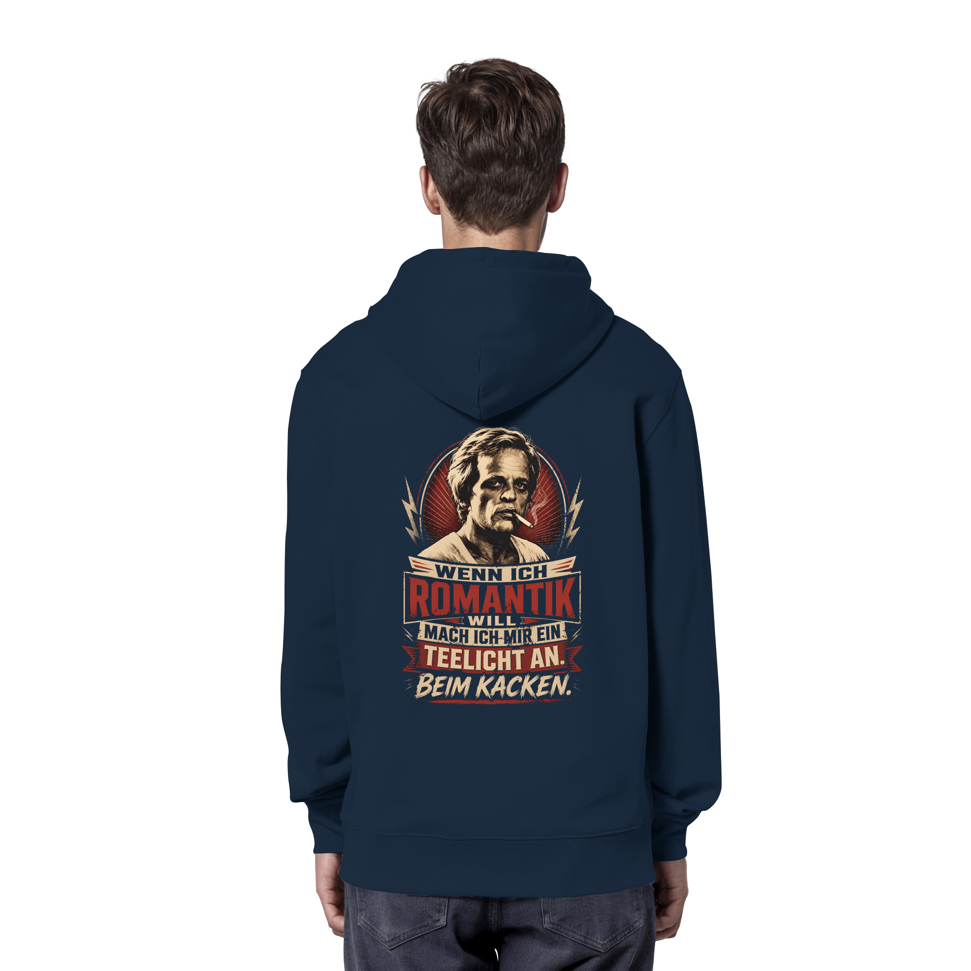 Wenn ich Romantik will, mach ich mir ein Teelicht an - beim Kacken - Bio Unisex Hoodie - Hoodie (French Navy, XS, ) - GruemArt
