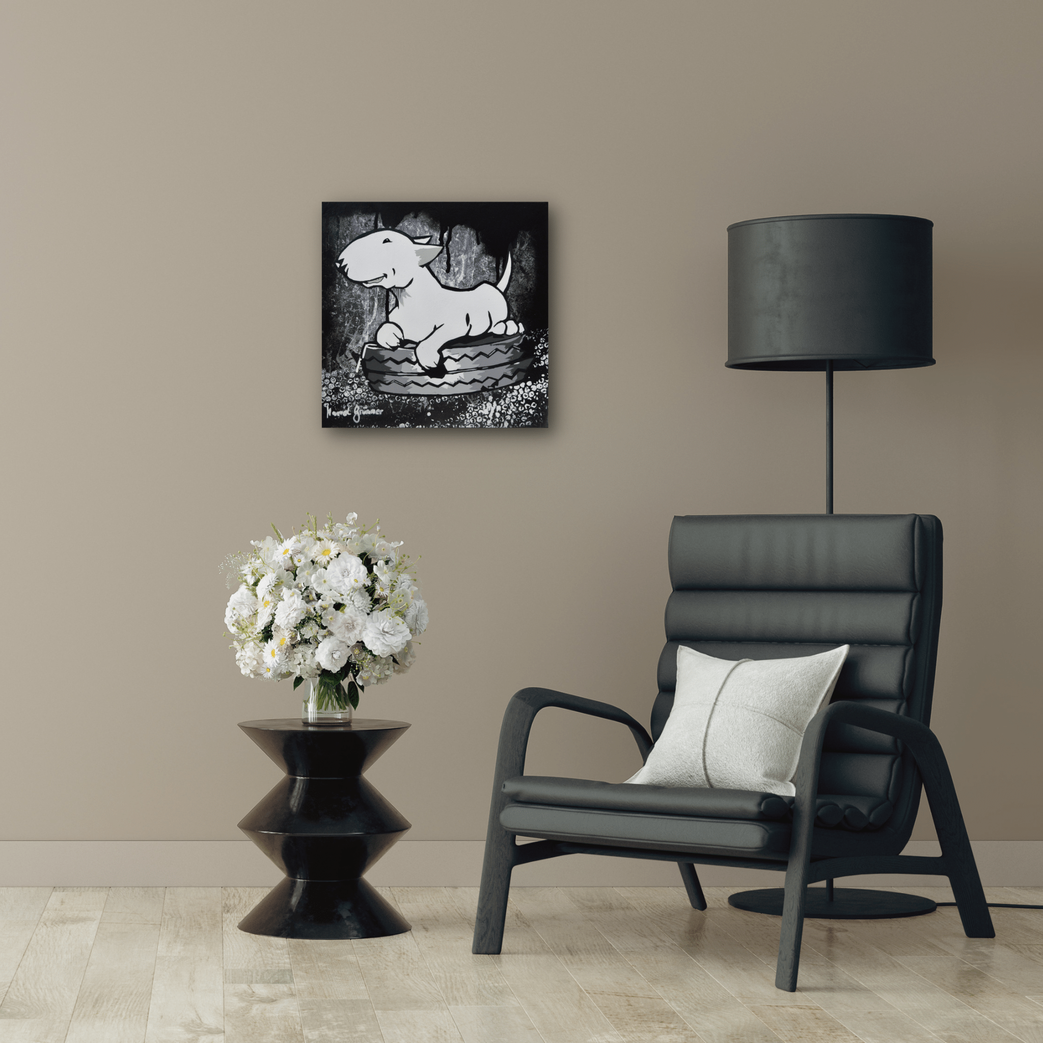 Weißer Bullterrier auf Autoreifen - Gemälde (40x40cm, , ) - GruemArt