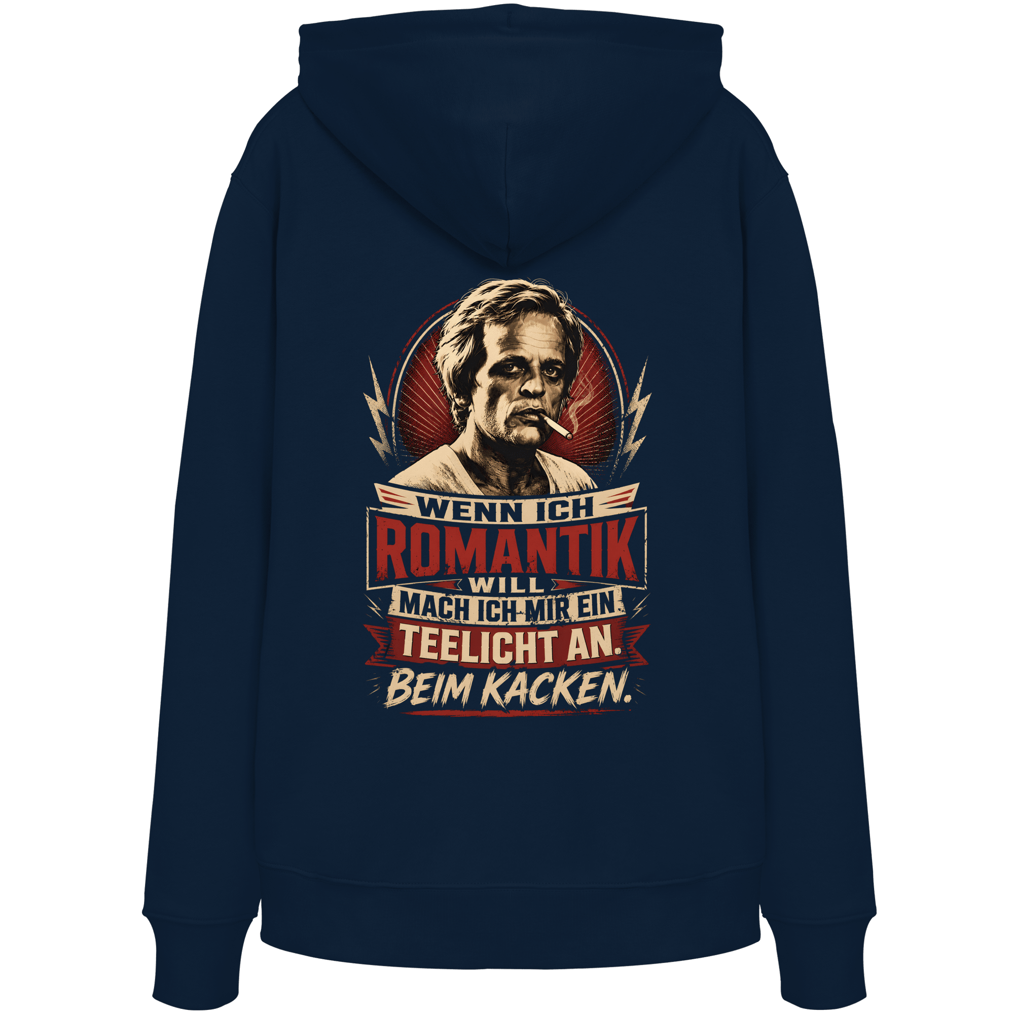 Wenn ich Romantik will, mach ich mir ein Teelicht an - beim Kacken - Bio Unisex Hoodie - Hoodie (French Navy, XS, ) - GruemArt