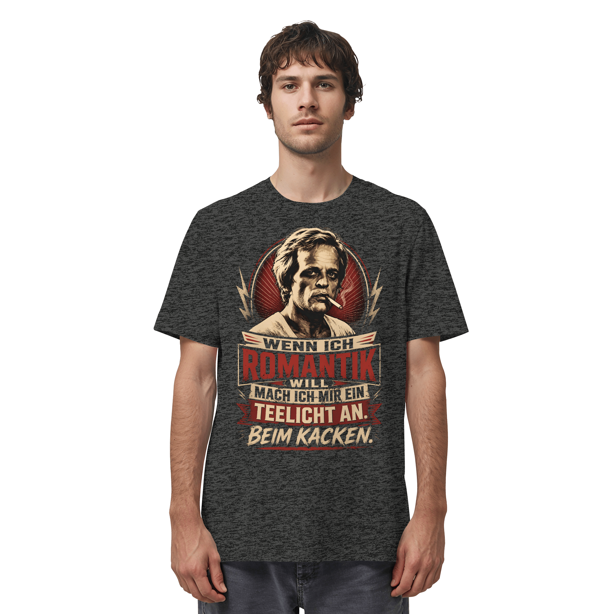 Wenn ich Romantik will, mach ich mir ein Teelicht an. Beim Kacken - Bio Unisex Shirt - Unisex Shirt (Dark Heather Grey, XS, ) - GruemArt